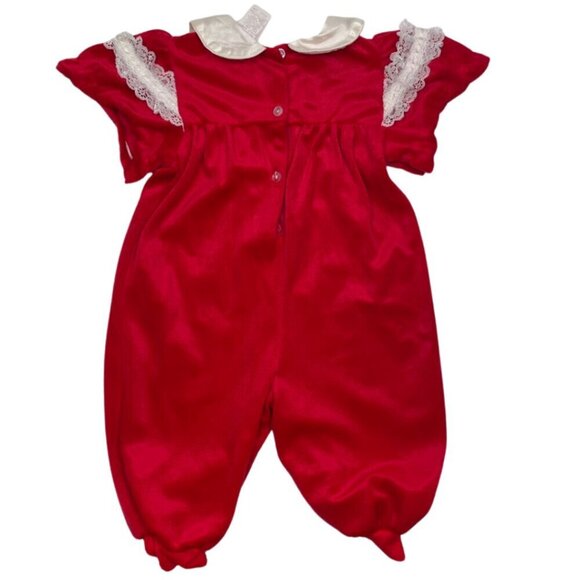 Vintage 80s & 90s Toddler Soft Velvet Bubble Jumpsuit with collar, bow, and lace - Picture 7 of 11